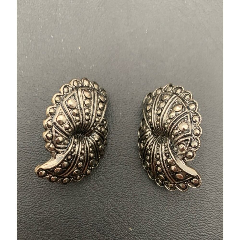 Vintage Avon Double Fan Silver Tone Faux Marcasite Art Deco Pierced Earrings